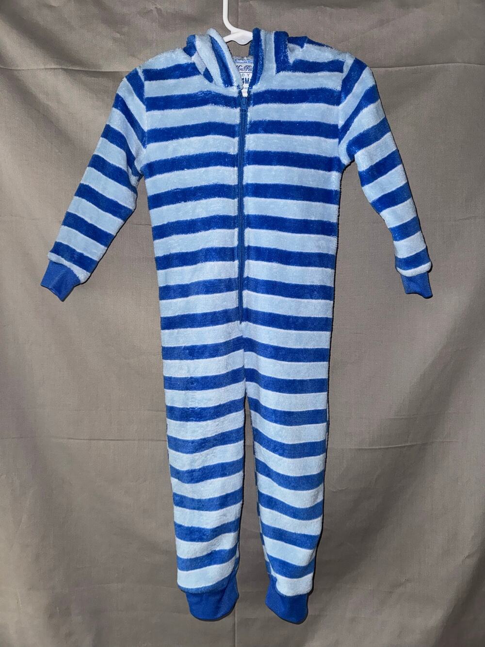 Mon Petit Boys Blue White Striped Hooded Dog Pajamas One-Piece Fleece, Size 24M